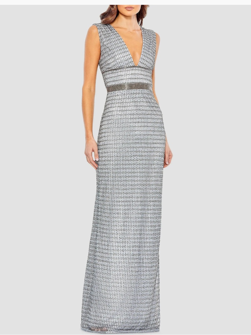 Mac Duggal Silver Sequin Deep V Maxi Gown